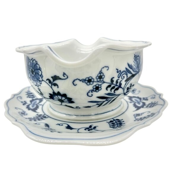 Blue Danube Double Spout Gravy Boat With Plate White Blue Floral Porcelain Vtg - Picture 6 of 9